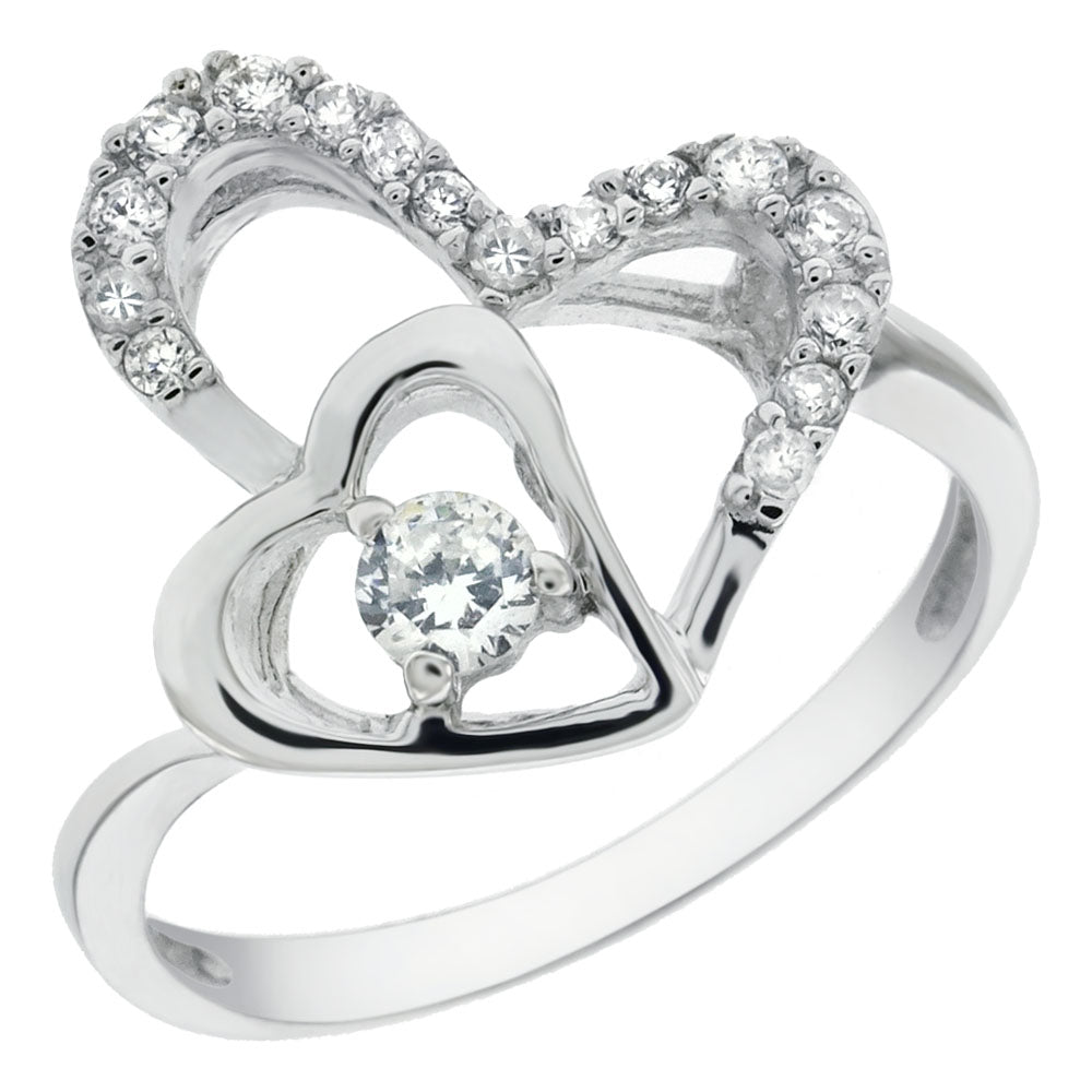 Sterling Silver Cubic Zirconia Double Heart Ring