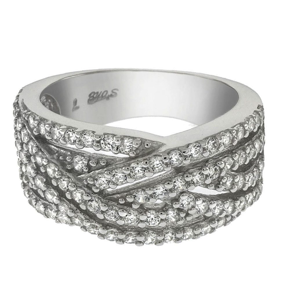 Sterling Silver 1 5MM Round Pave CZ Criss Cross Band Ring
