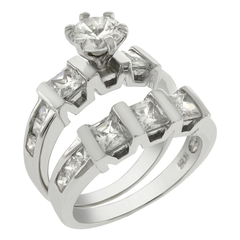 Sterling Silver Princess Round CZ 2 Rings Set