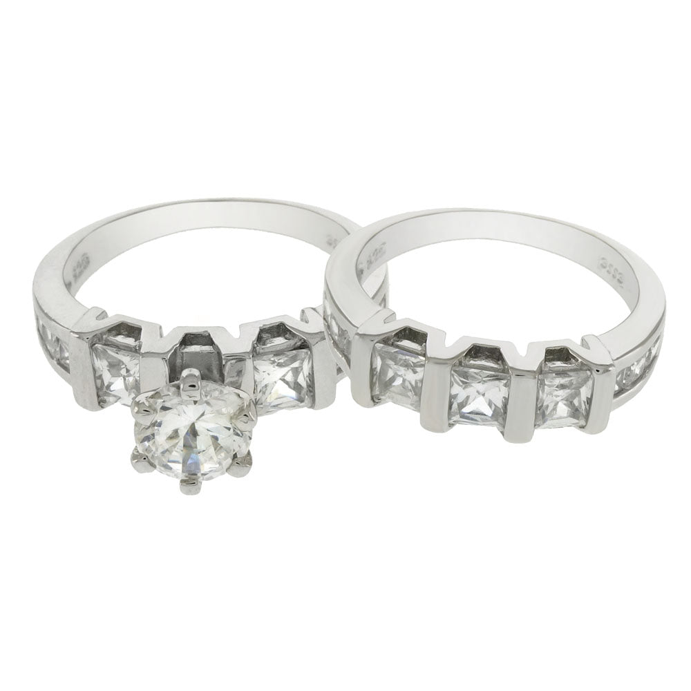 Sterling Silver Princess Round CZ 2 Rings Set