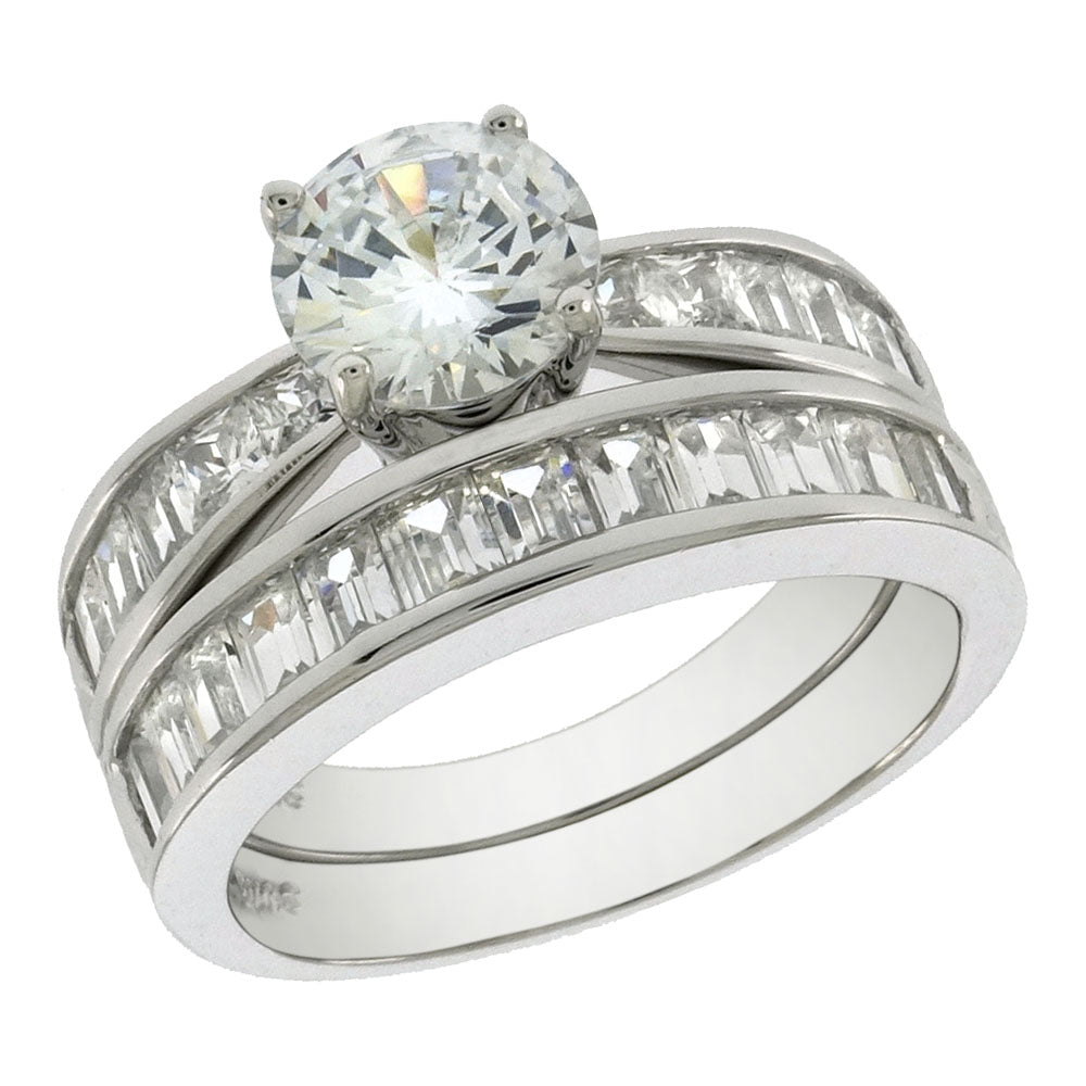 Round 7mm Solitaire with Princess-Cut Baguette CZ Wedding Ring Set