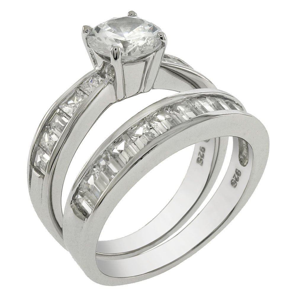 Round 7mm Solitaire with Princess-Cut Baguette CZ Wedding Ring Set