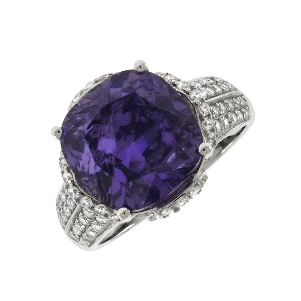 Sterling Silver 12mm Cushion Cut Amethyst CZ Cocktail Ring