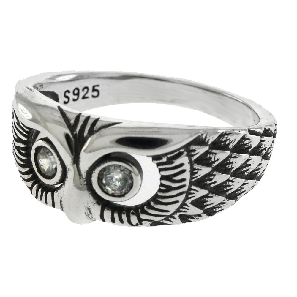 Sterling Silver Oxidized Owl Ring W. Eyes Cubic Zirconia