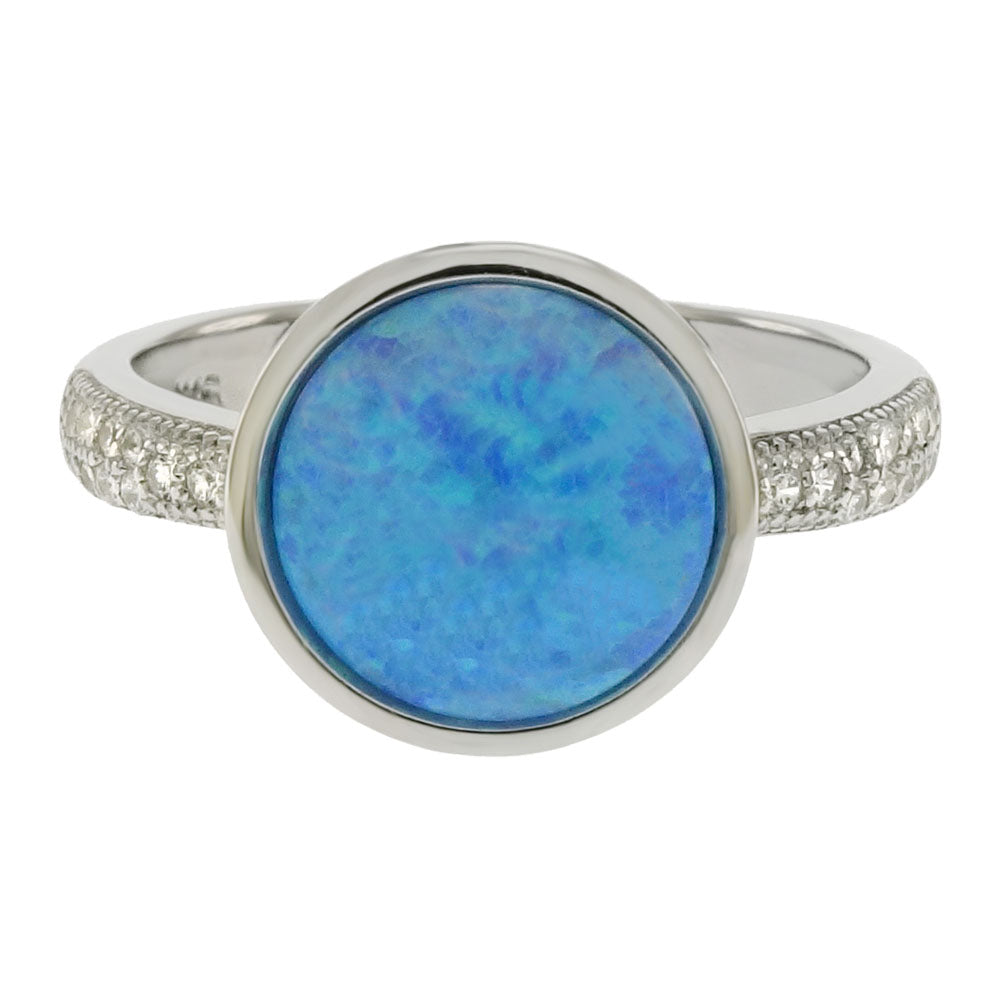 Sterling Silver Cubic Zirconia Ring W Simulated Blue Opal Bezel Setting