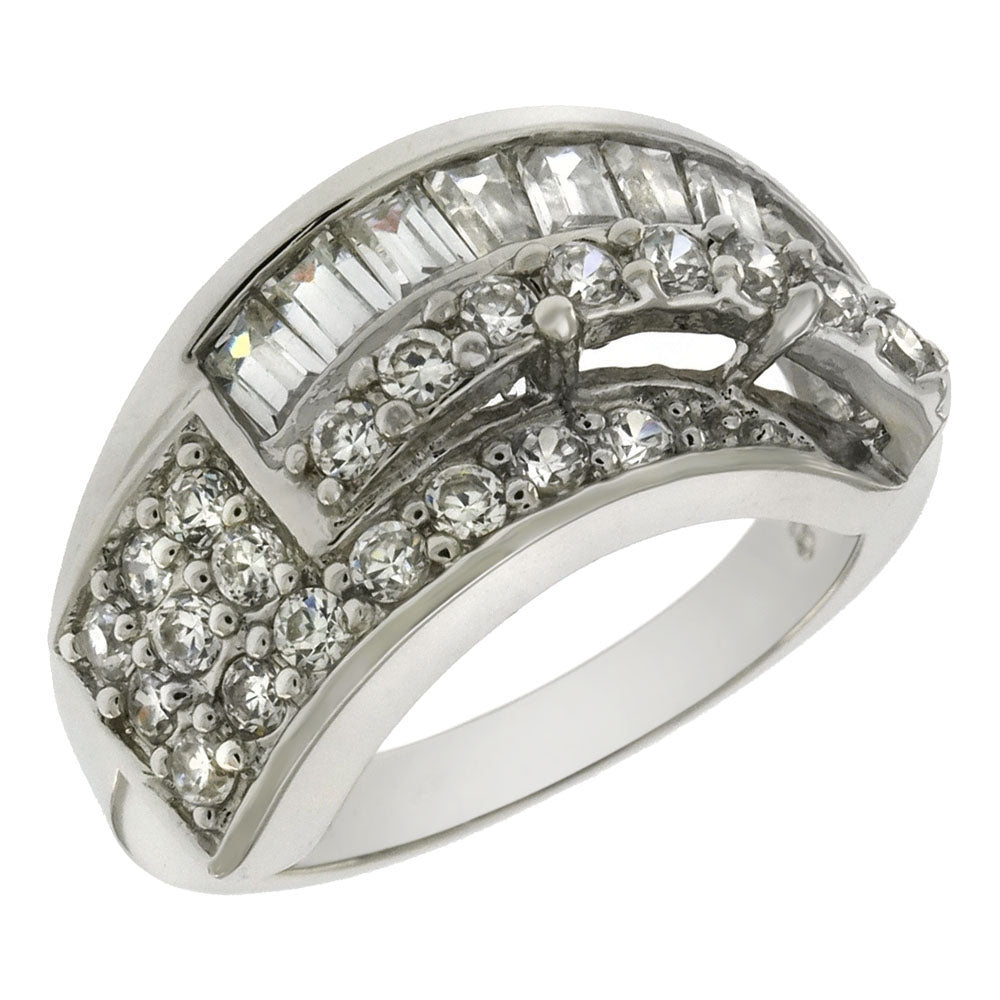 Sterling Silver Baguette Round CZ Cluster Band Ring