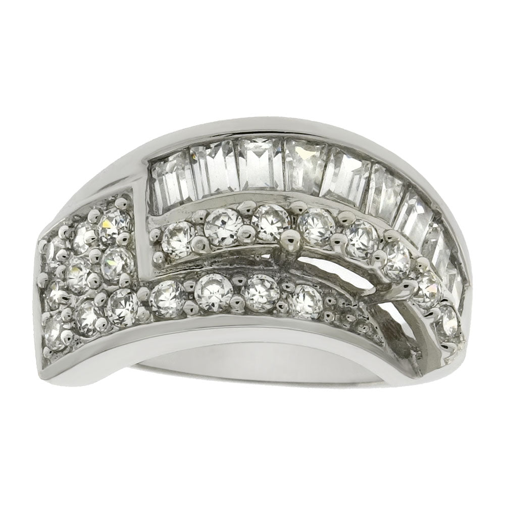 Sterling Silver Baguette Round CZ Cluster Band Ring