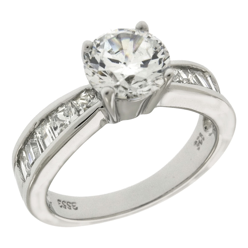 Center 7mm Round Baguette CZ Sterling Silver Engagement Ring