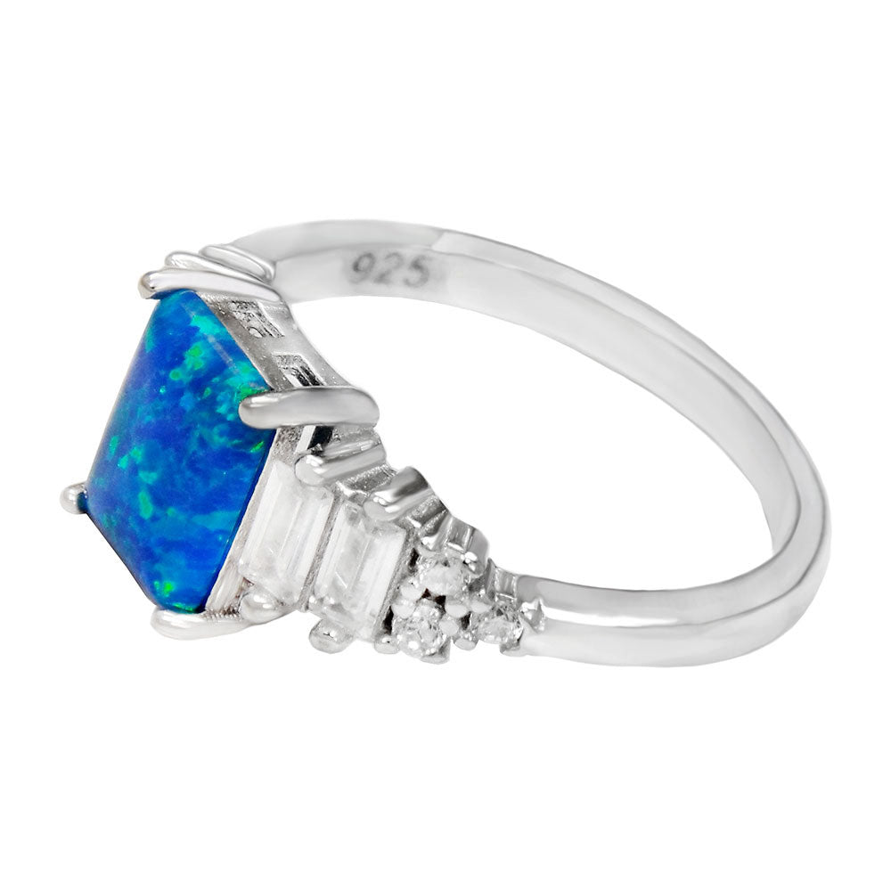 Sterling Silver Simulated Blue Opal W Baguette CZ Engagement Ring