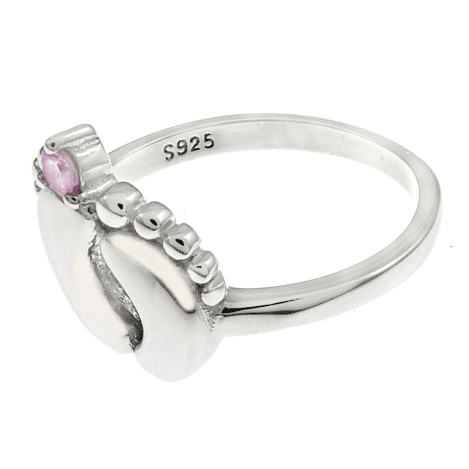 Sterling Silver Baby Feet W Pink CZ Ring