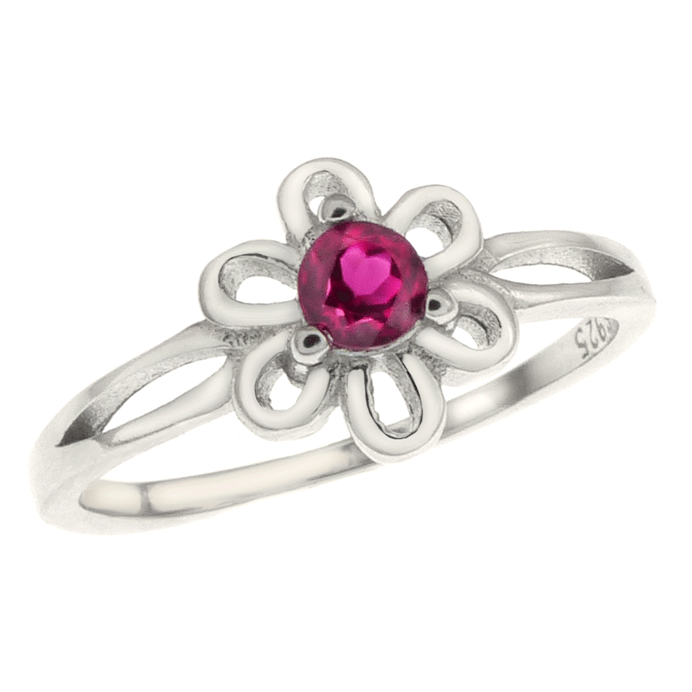 Flower W Ruby Red CZ Baby Ring