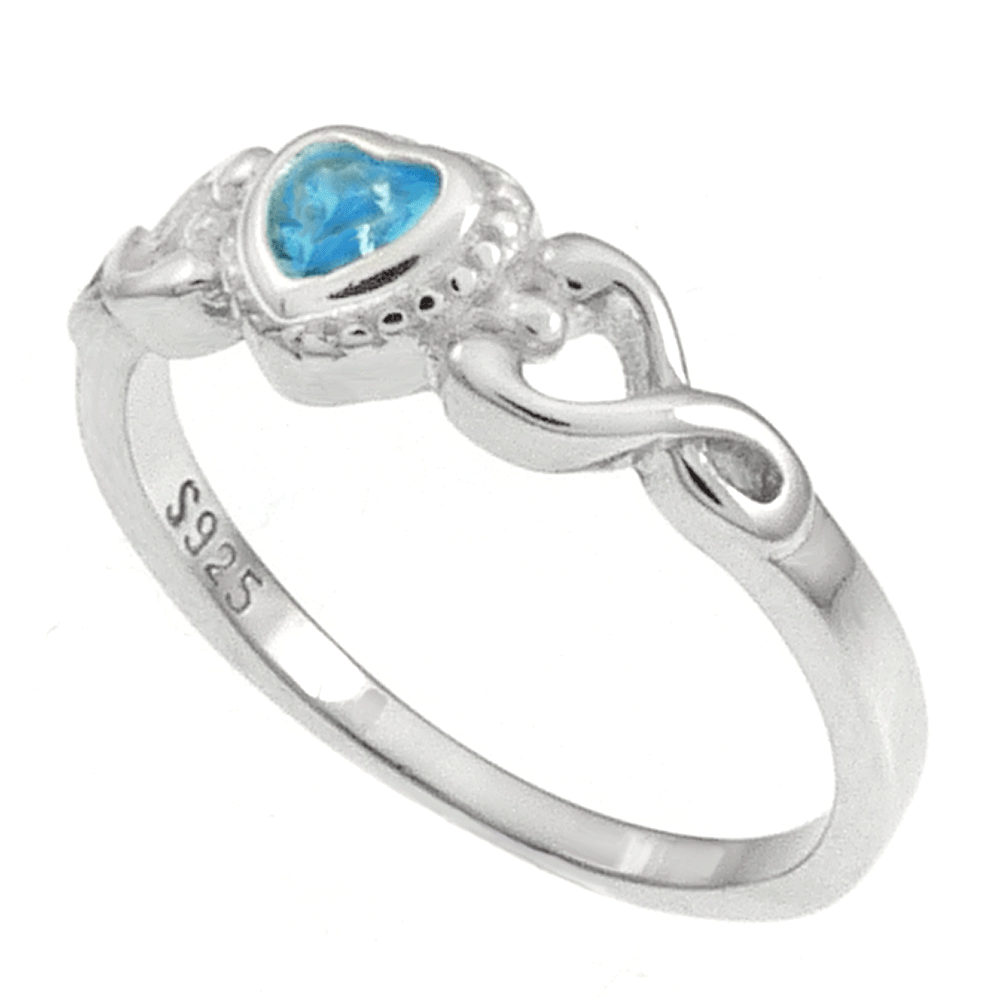 Sterling Silver Heart Aquamarine CZ Baby Ring