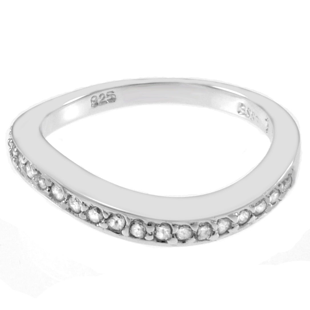 Pave Cubic Zirconia Curved Band In Sterling Silver Rhodium Ring