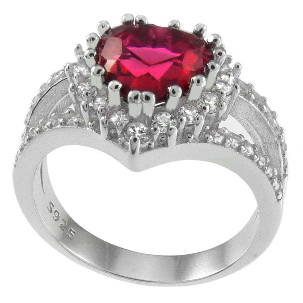 Sterling Silver Ruby Heart Halo CZ Ring