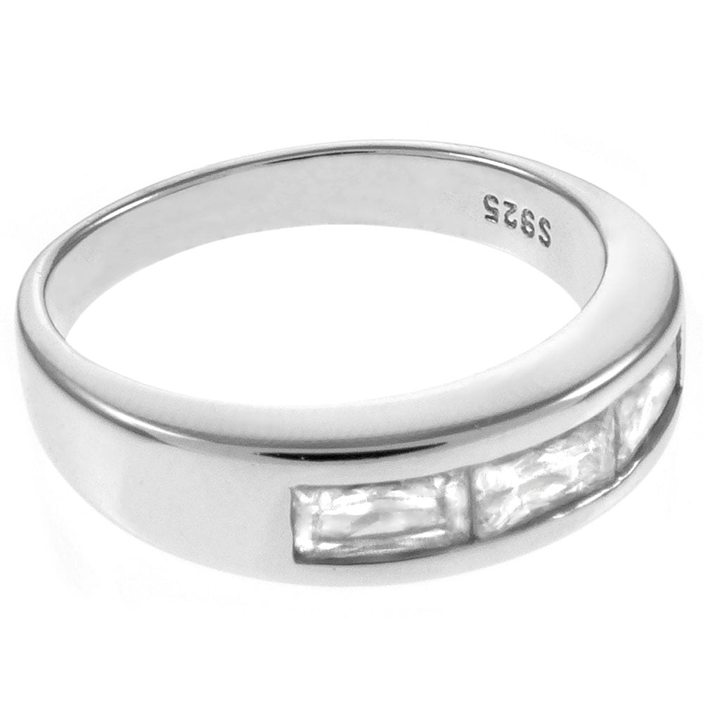 Baguette CZ Sterling Silver Rhodium Band Ring