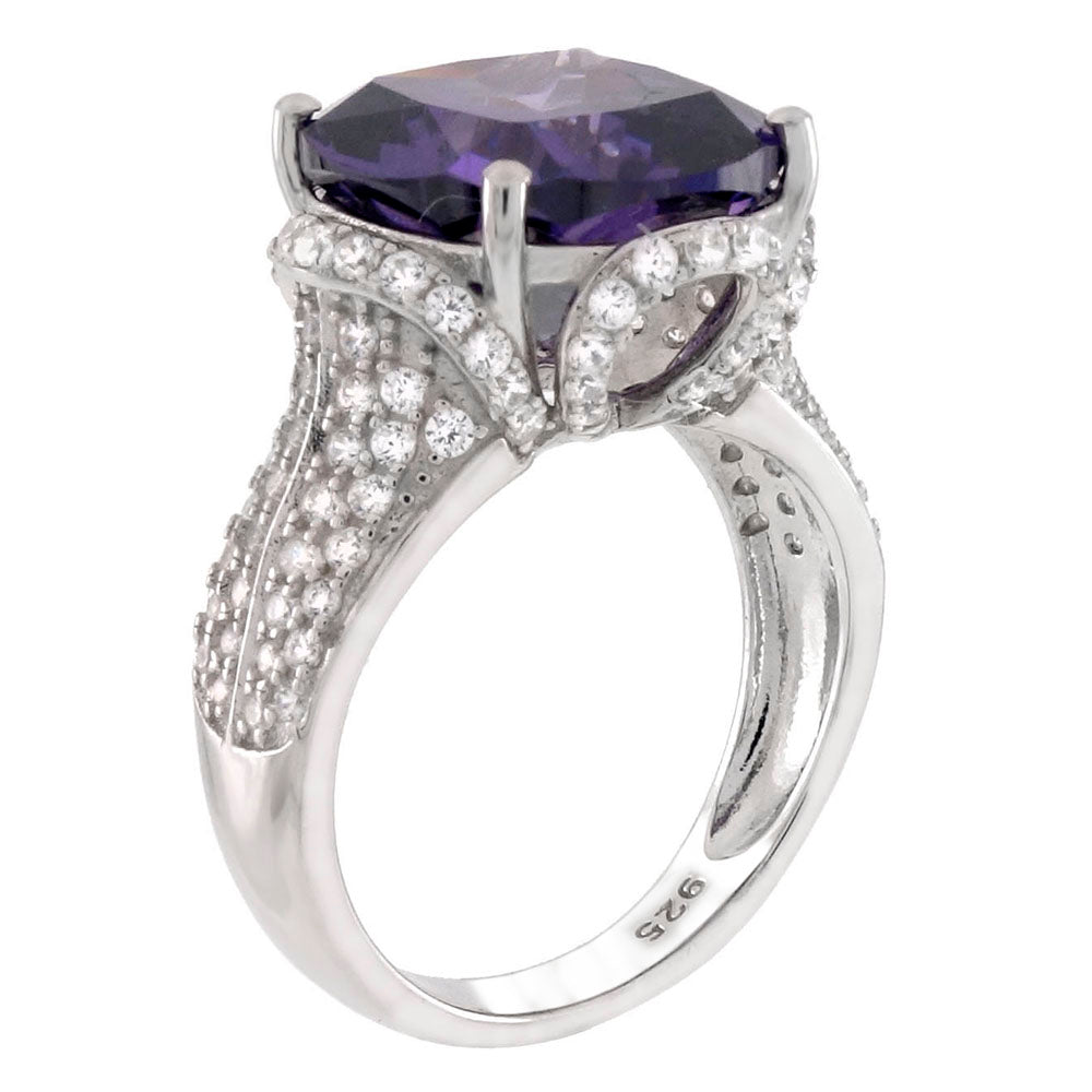 Sterling Silver 12mm Cushion Cut Amethyst CZ Cocktail Ring