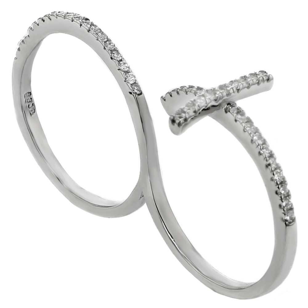 Sterling Silver Micro Pave Cubic Ziconia 2 Fingers Cross Ring