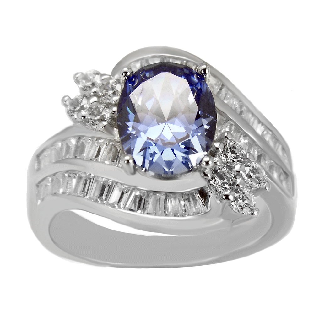 Oval Simulated Tanzanite W Cubic Zirconia Cocktail Ring In Sterling Silver