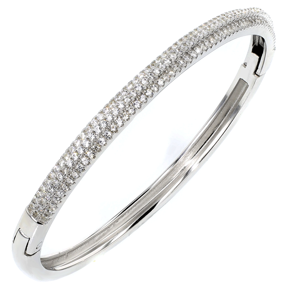 Sterling Silver Cubic Zirconia 3 Lines Mirco Pave Bangle