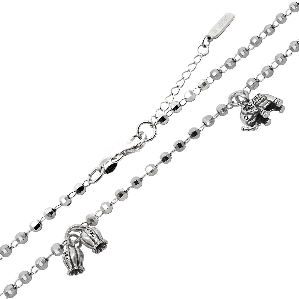 3mm Diamond Cut Bead Elephant Charm Rhodium Bracelet