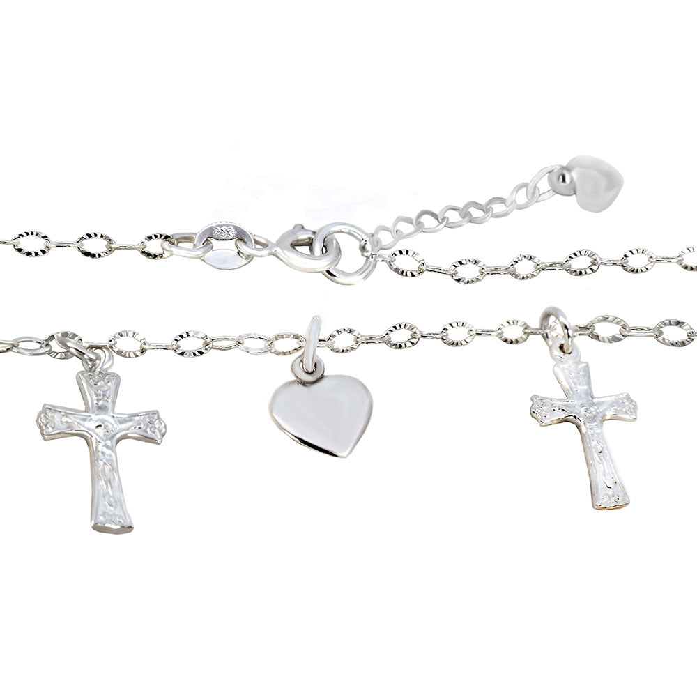 Crucifix Cross-Heart Sterling Silver Charm Bracelet