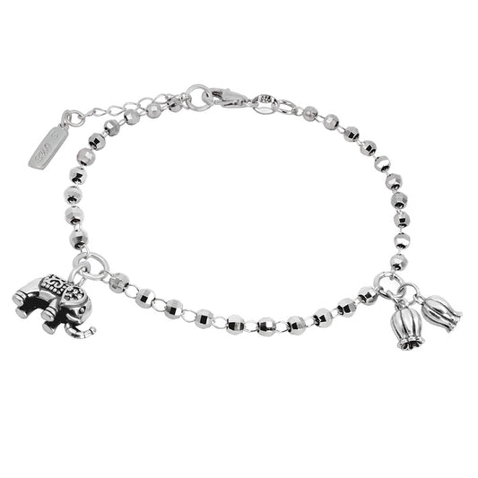 3mm Diamond Cut Bead Elephant Charm Rhodium Bracelet