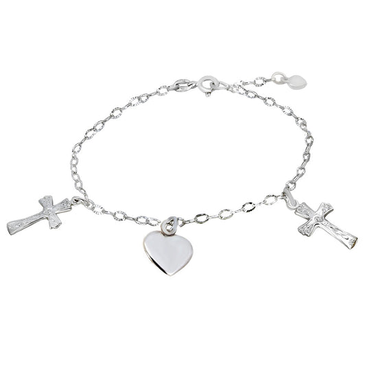 Crucifix Cross-Heart Sterling Silver Charm Bracelet