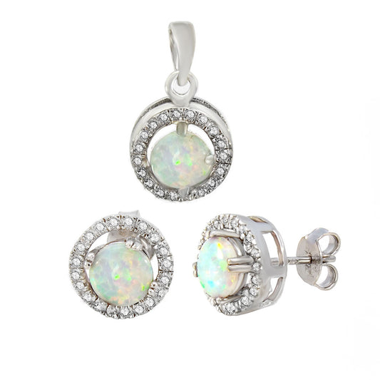 White Lab Opal with Gemstone Halo Earrings and Pendant Set
