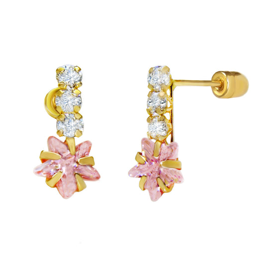 14K Gold 4mm Pink Star CZ Stud Earrings W. Screw Back