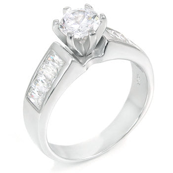 6MM Round & Baguette CZ Sterling Silver Engagement Ring