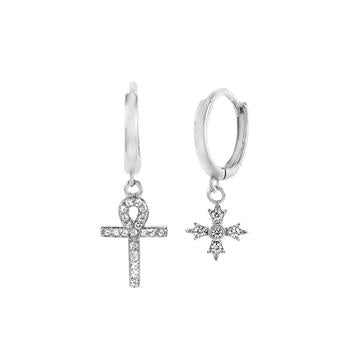 Sterling Silver CZ Cross Dangle Huggie Earrings