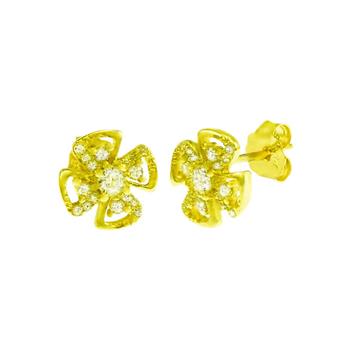 Sterling Silver Gold-Plated CZ Clover Stud Earrings