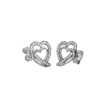 .925 Sterling Silver Double Hearts CZ Stud Earrings