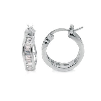 Sterling Silver Baguette Cubic Zirconia Small Hoop Earrings
