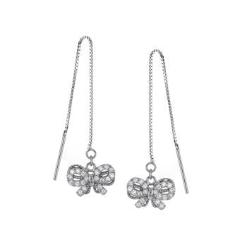 Sterling Silver Ribbon Bow Cubic Zirconia Threader Earrings
