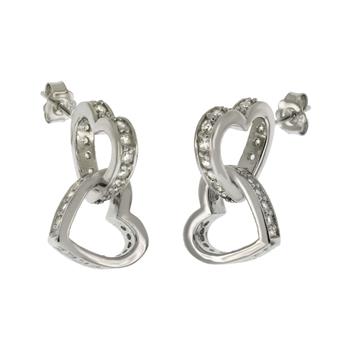 Sterling Silver Double Heart Dangle CZ Rhodium Earrings