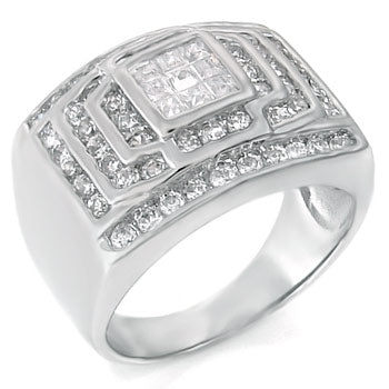Sterling Silver Invisible-Cut & Round CZ Men Ring