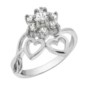 Sterling Silver Flower & Heart CZ Ring