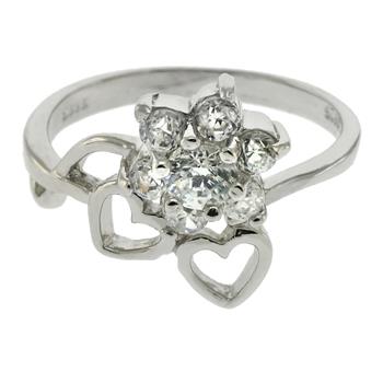 Sterling Silver Flower & Heart CZ Ring