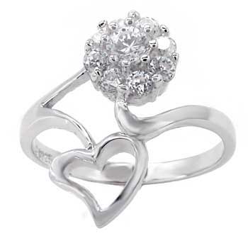 Sterling Silver Cubic Zirconia Flower & Heart Ring