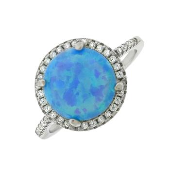 Simulated 10mm Blue Opal W. Cubic Zirconia Halo Ring