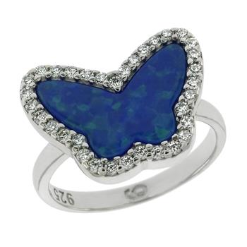 Simulated Blue Opal Butterfly W Cubic Zirconia Sterling Silver Ring