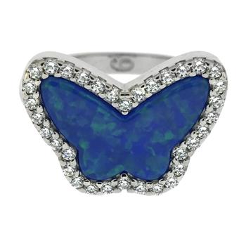 Simulated Blue Opal Butterfly W Cubic Zirconia Sterling Silver Ring