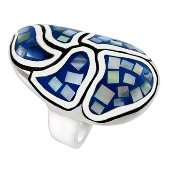 Sterling Silver Blue Mosaic MOP Oval Dome Ring