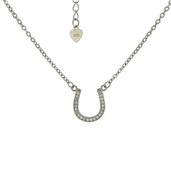 Sterling Silver Pave CZ Horseshoe Rhodium Pendant Necklace