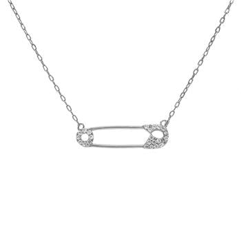 Sterling Silver D C Chain W Cubic Zirconia Safety Pin Rhodium Necklace