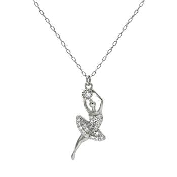 Sterling Silver D C Cable Chain W Ballerina CZ Rhodium Necklace