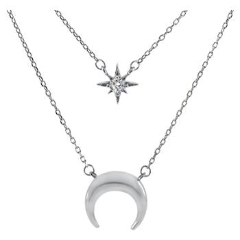 Sterling Silver Crescent Moon CZ Twinkle Star Layered Rhodium Necklace