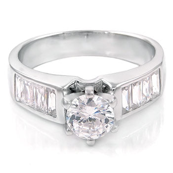 6MM Round & Baguette CZ Sterling Silver Engagement Ring