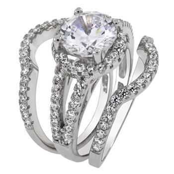 Halo Cubic Zirconia Sterling Silver 3 Piece Bridal Ring Set